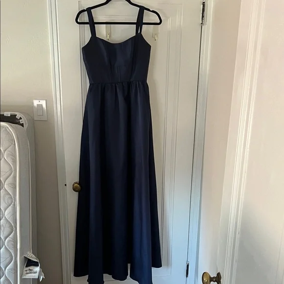 Navy Satin A-Line Evening Dress with Square Neck - Picture 4 of 4